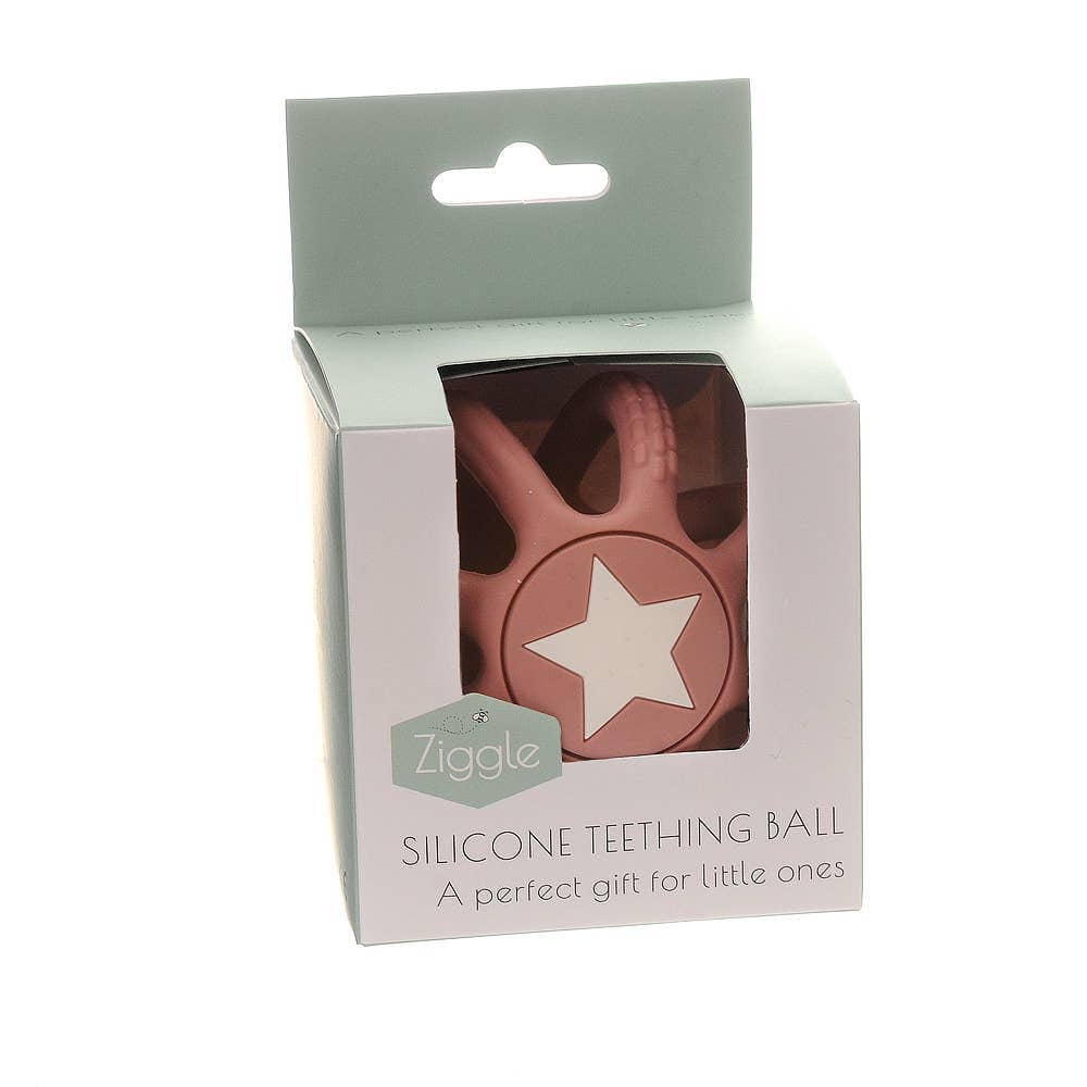 Silicone teething ball packaging with star design on a white background