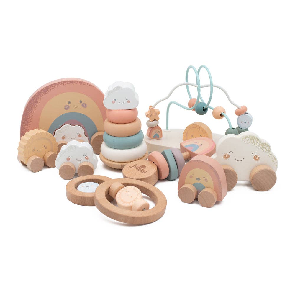 Set of colorful wooden toys on a white background