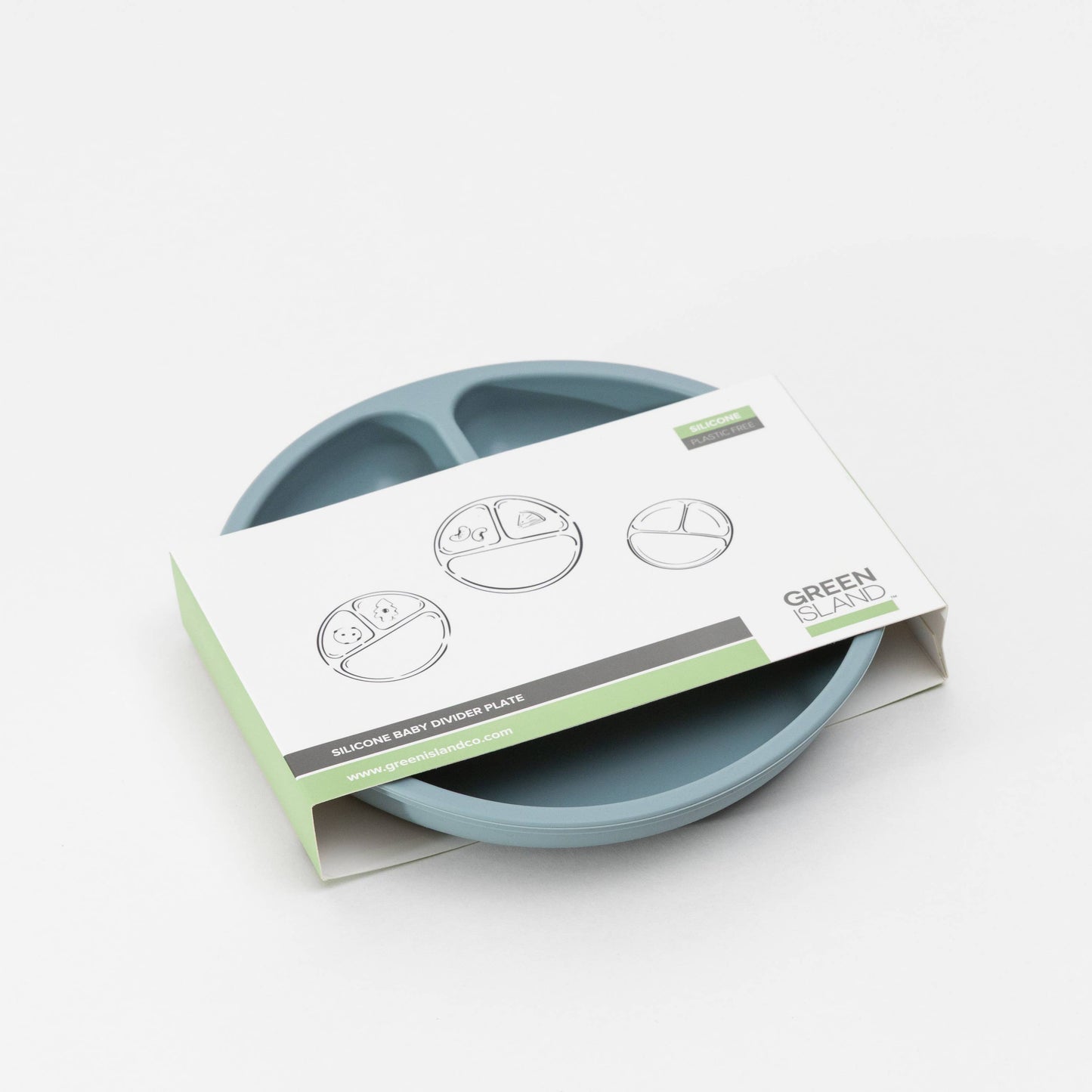 Blue children's plate with packaging on a white background