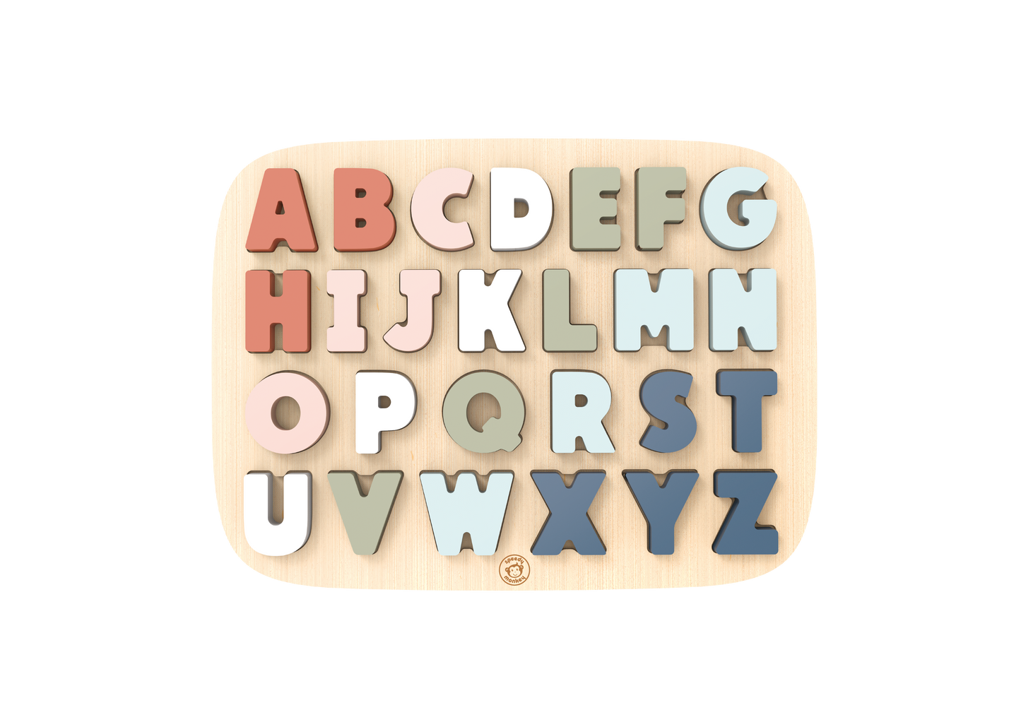 Wooden alphabet puzzle with colorful letters on a white background