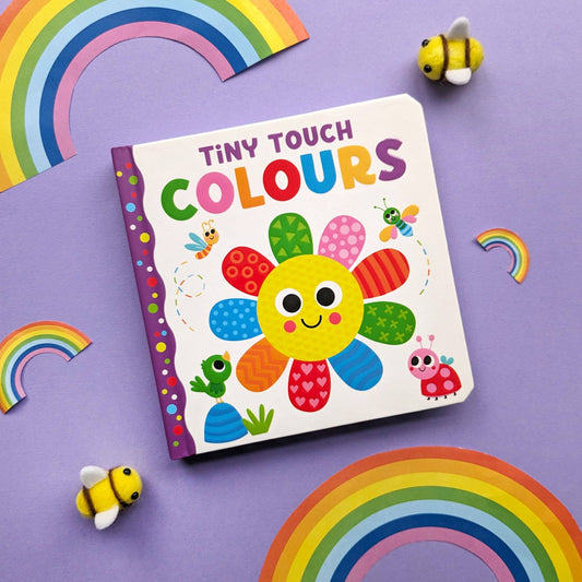 Children's book titled 'Tiny Touch Colours' with colorful illustrations on a purple background with rainbows and bees.
