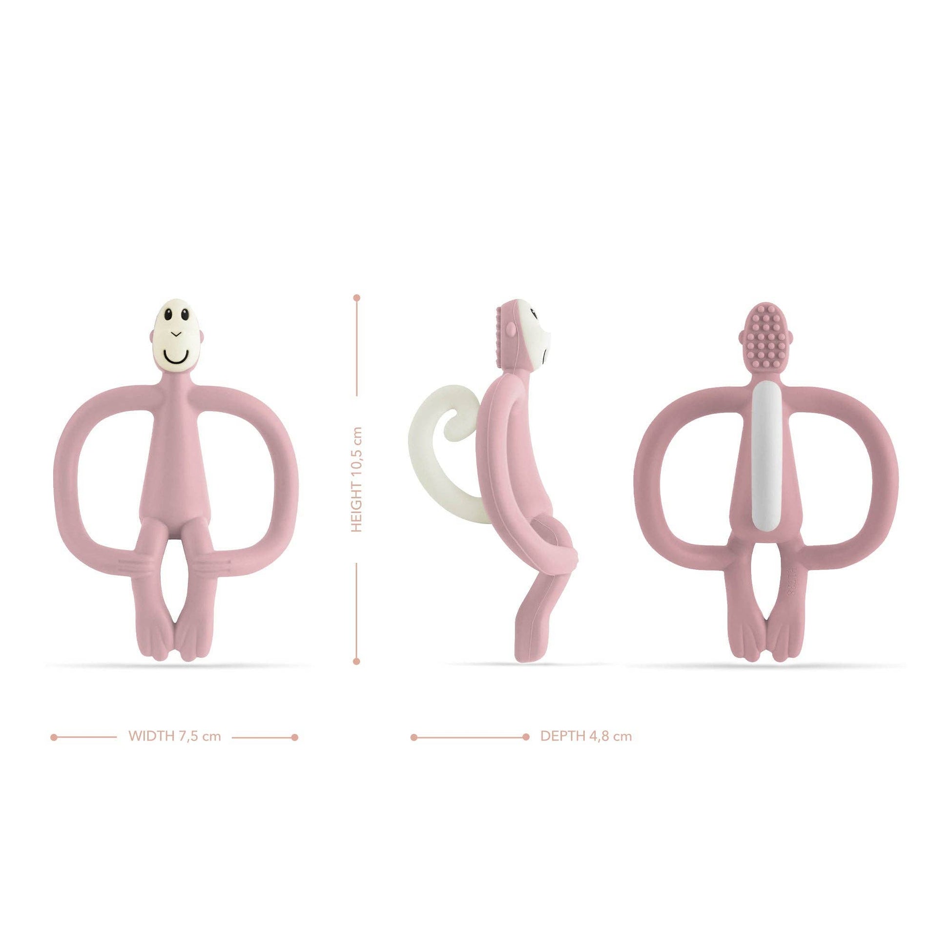 Three pink baby teething toys with measurements on a white background