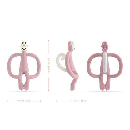 Three pink baby teething toys with measurements on a white background