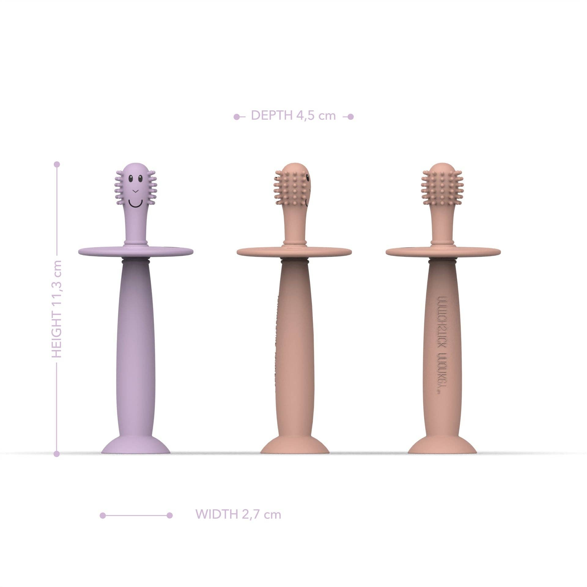 Three children's toothbrushes with measurements on a white background