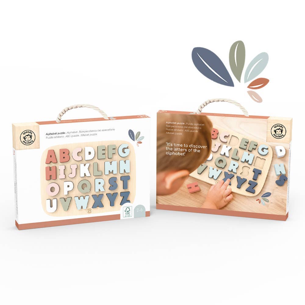 Wooden alphabet set in packaging with a child's hand reaching for letters on a white background