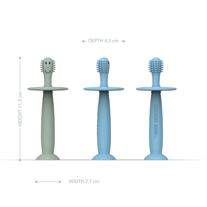 Three blue baby teethers with measurements on a white background