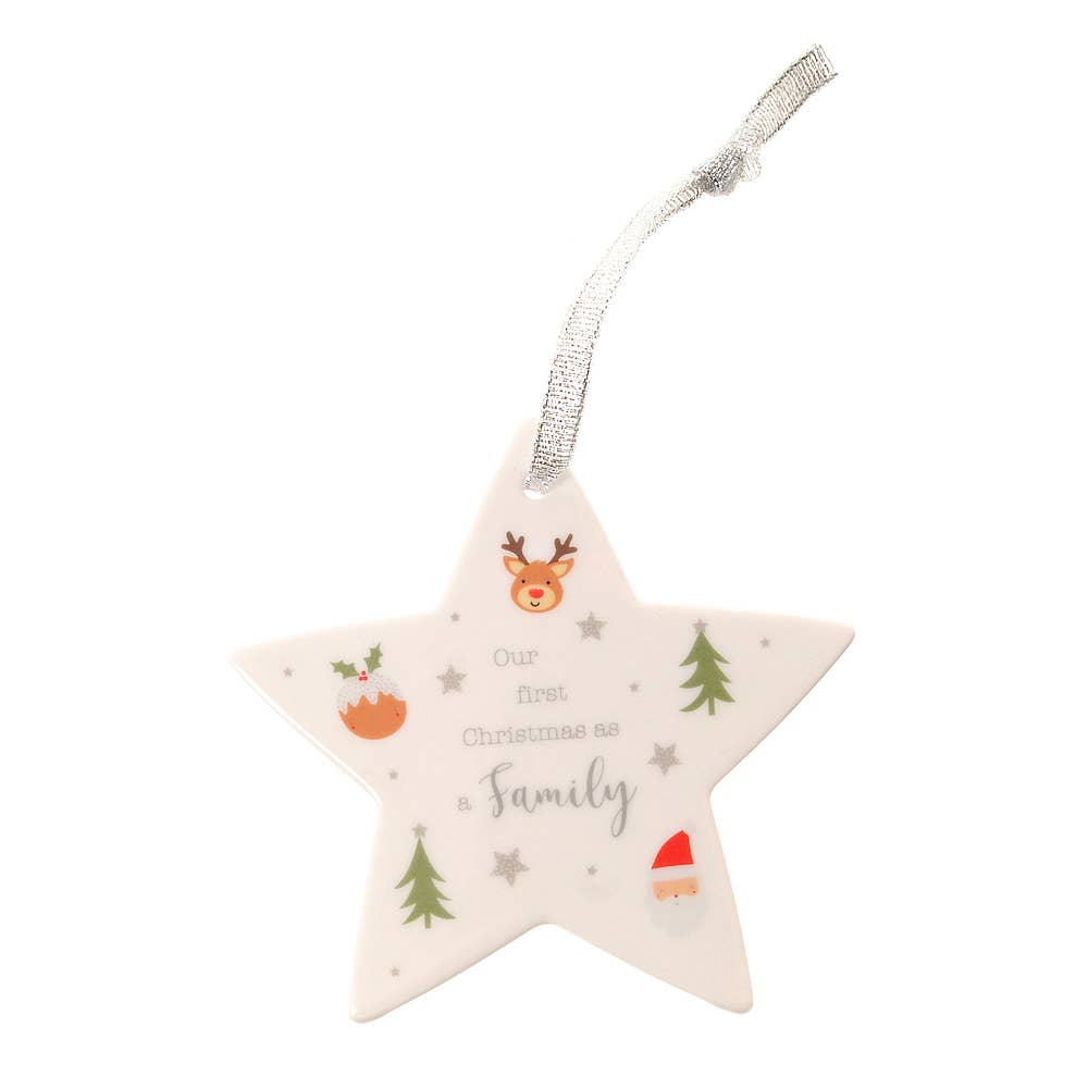 Star-shaped Christmas decoration with reindeer, trees, and text on a white background