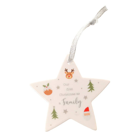 Star-shaped Christmas decoration with reindeer, trees, and text on a white background