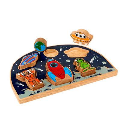 Wooden space-themed puzzle with various space-themed pieces on a white background