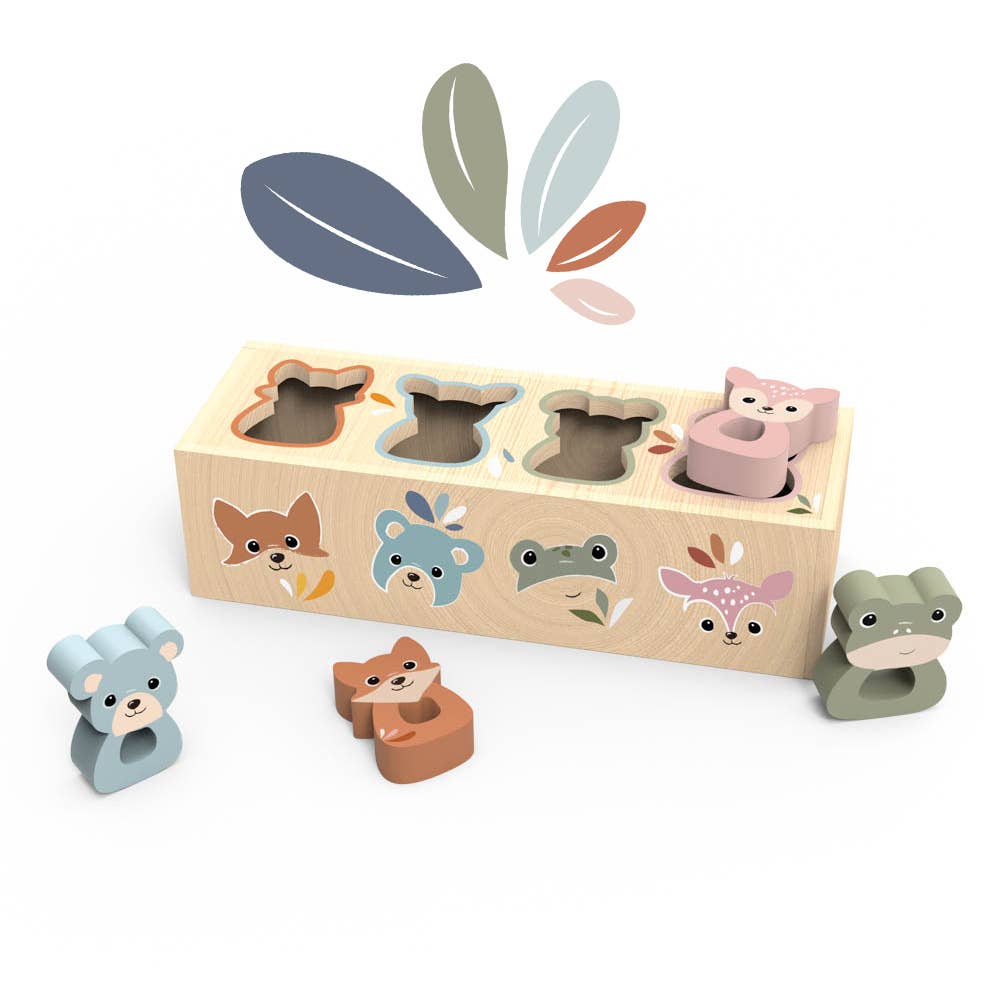 Wooden toy with animal-shaped blocks and a sorting box on a white background