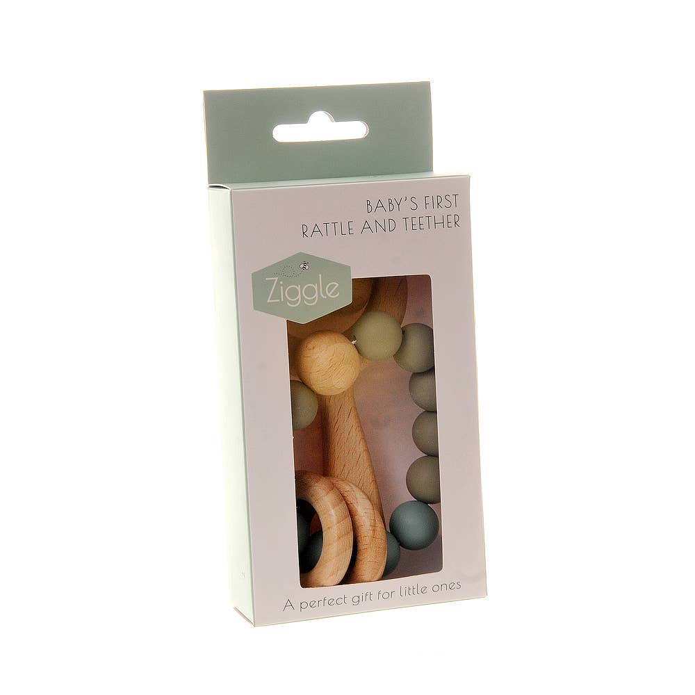 Wooden Teether and Rattle - Blue Grey
