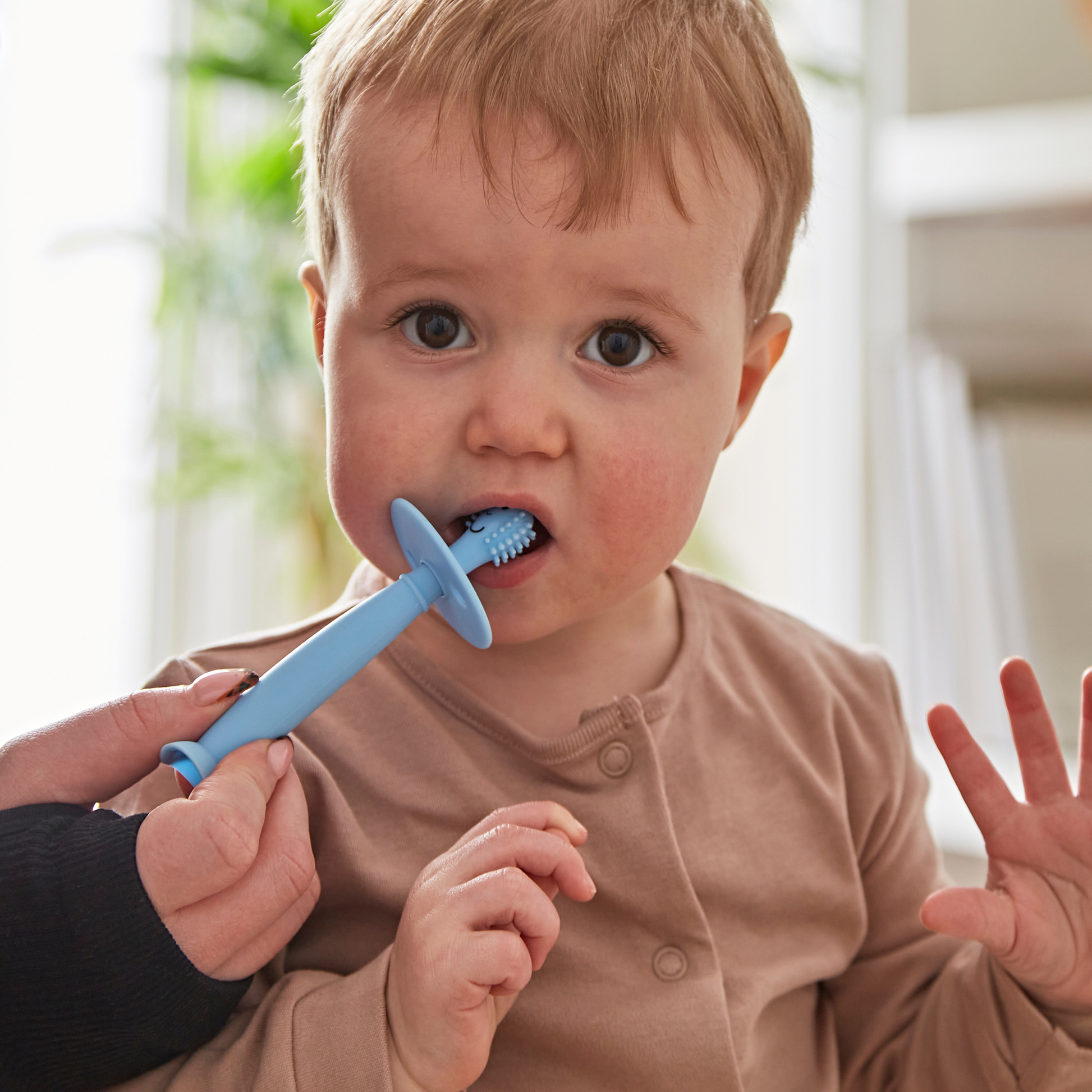 Child with a blue toothbrush in a home setting
