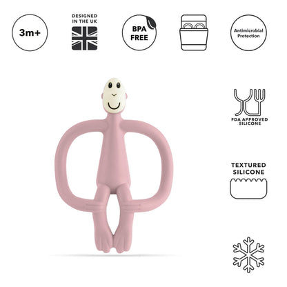 Pink baby teether with certification icons on a white background