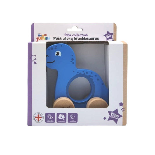 Blue dinosaur toy in packaging with 'junimi' branding on a white background