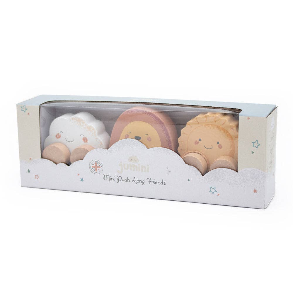 Mini push along sun, cloud and rainbow in Jumini packaging on white background