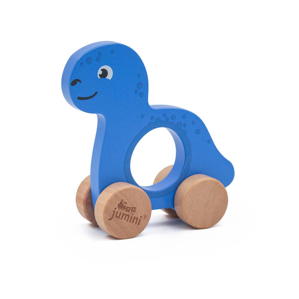 Blue dinosaur-shaped toy with wooden wheels on a white background
