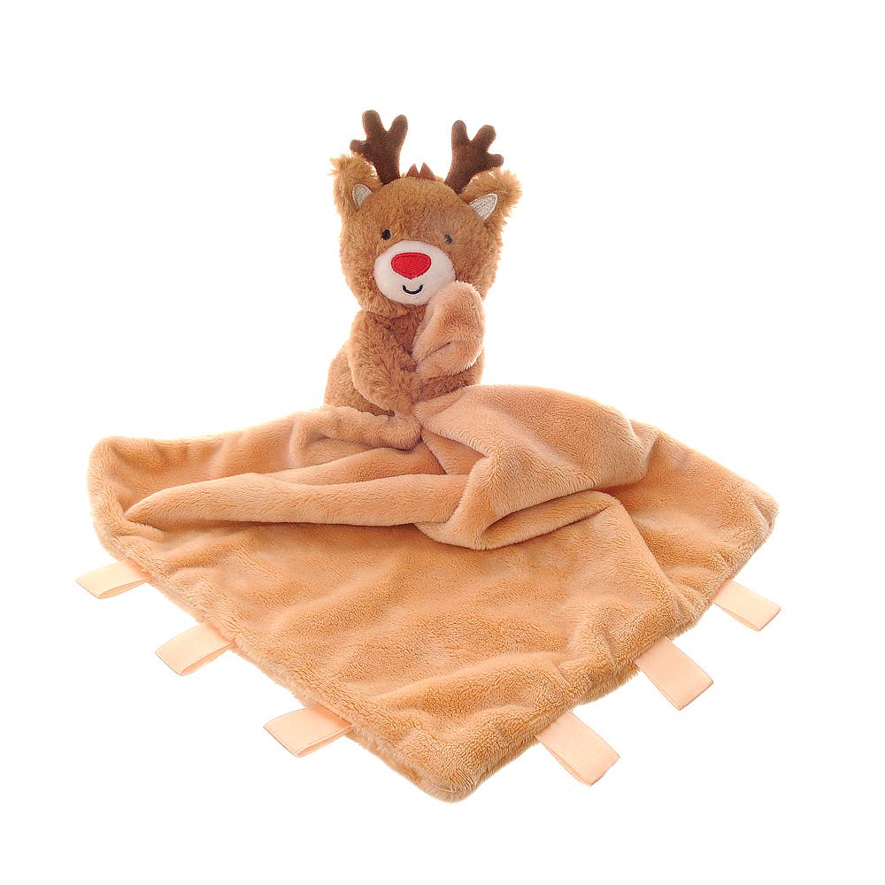 Plush deer toy with a blanket on a white background