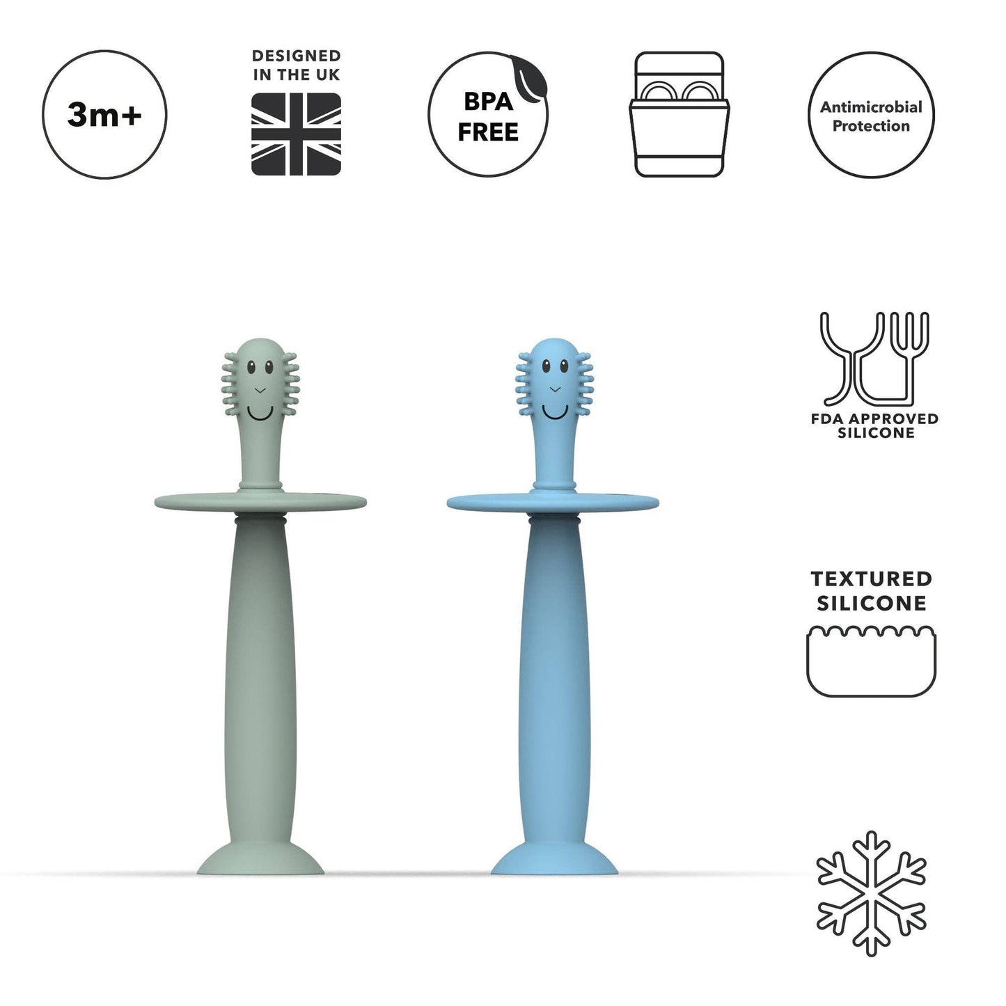 Two blue and gray baby teethers with certification icons on a white background