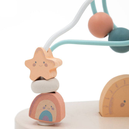 Children's wooden toy with star, circle, and half-circle shapes on a white background