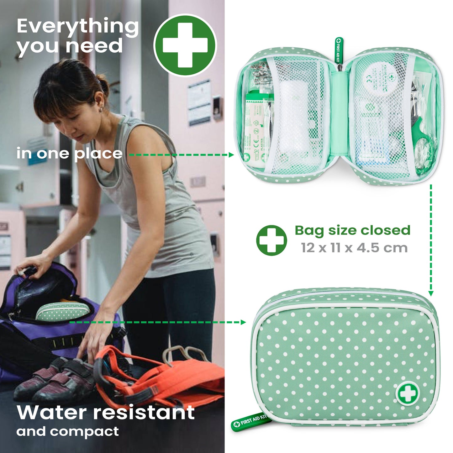 First aid kit with woman opening bag, showing contents and size details.