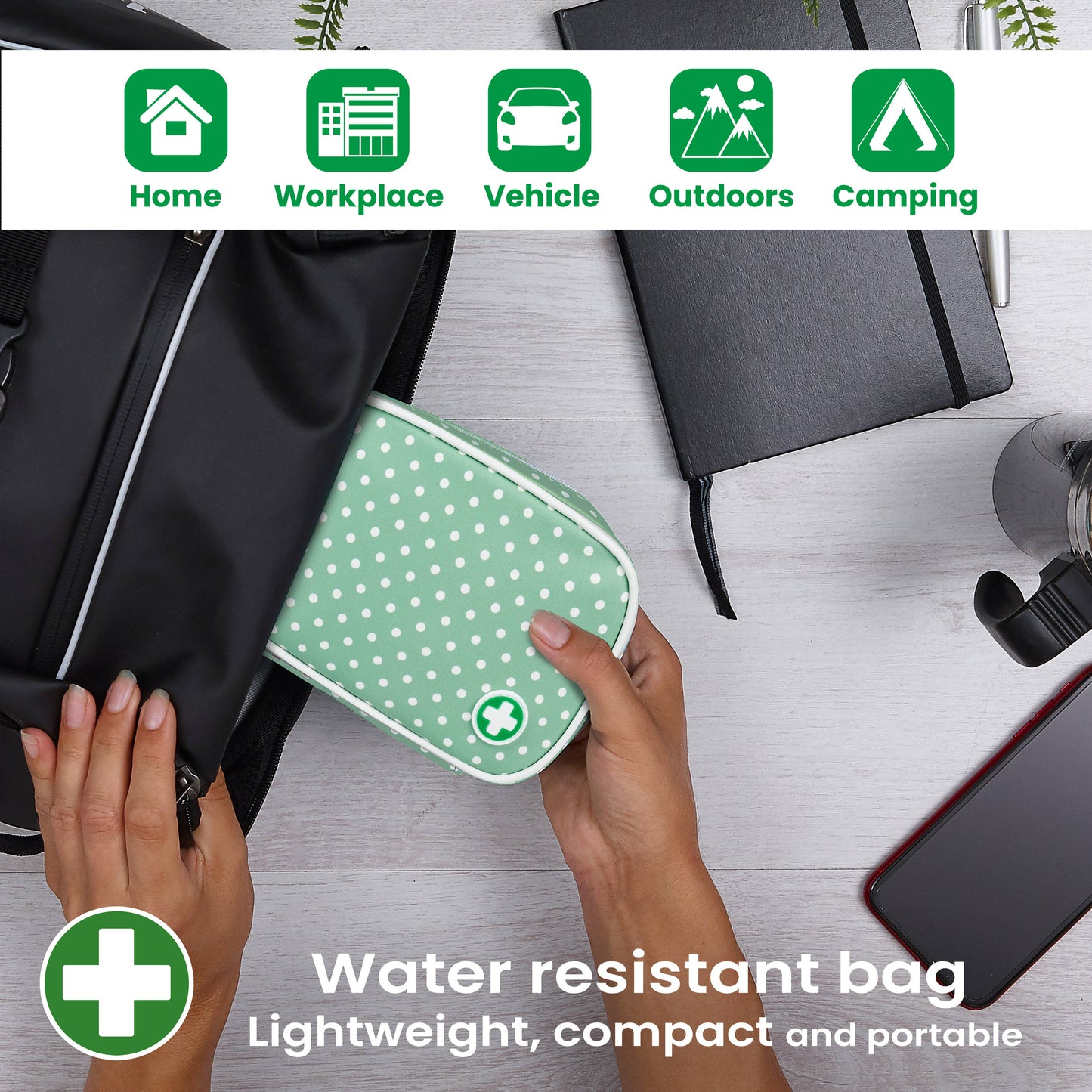 Water-resistant bag with green and white polka dot design held by hands on a light gray surface.