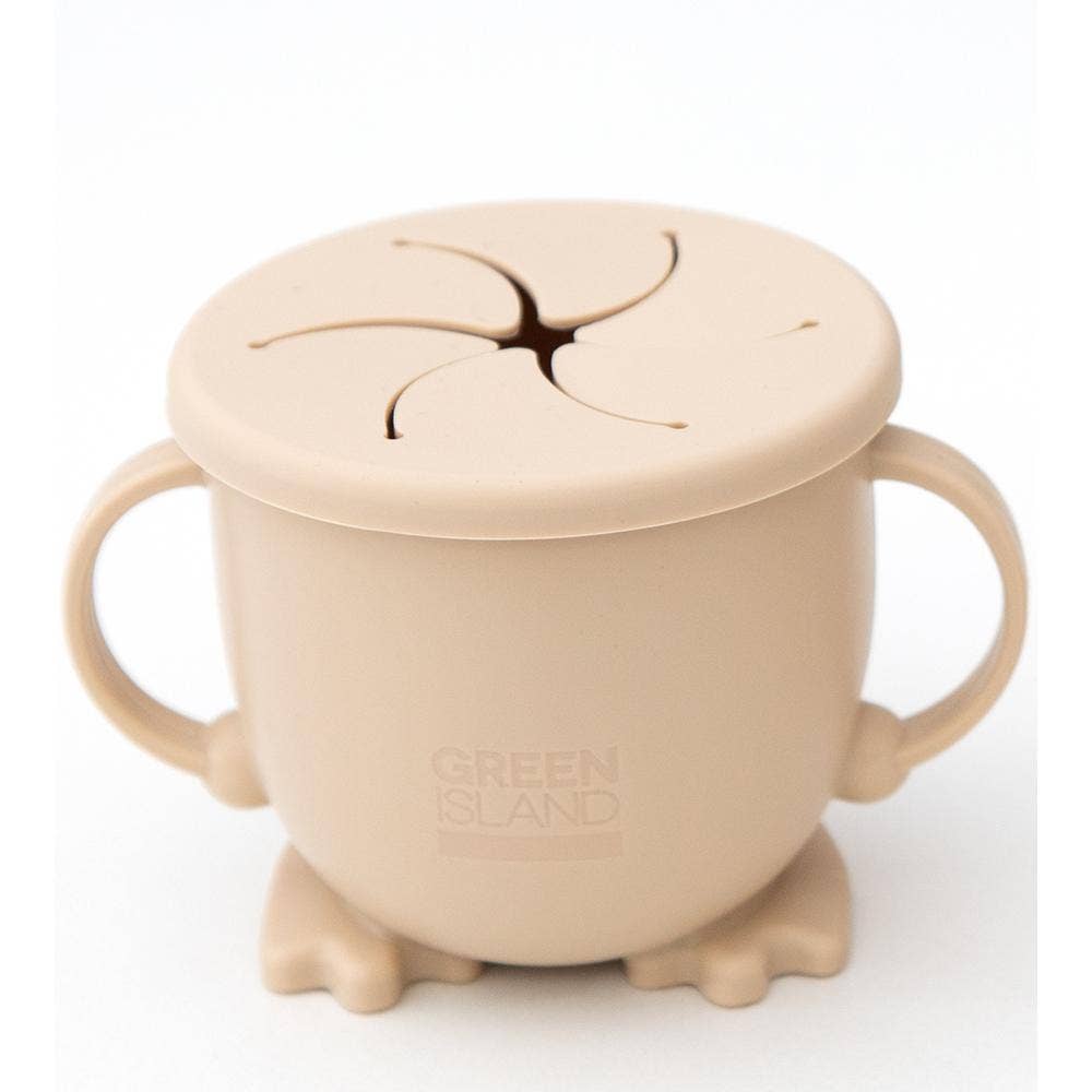 Beige children's cup with lid and handles on a white background