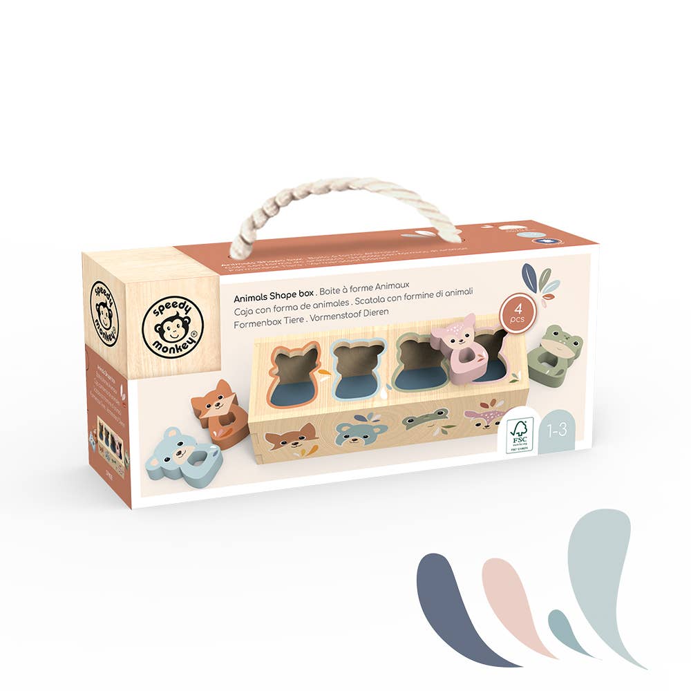 Wooden toy set packaging with animal shapes and a handle on a white background