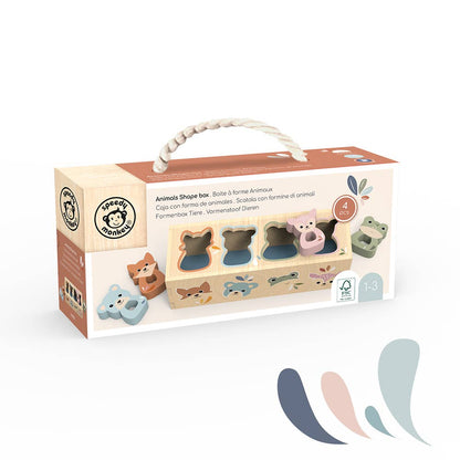 Wooden toy set packaging with animal shapes and a handle on a white background