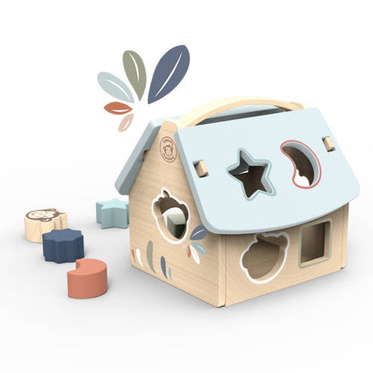 Wooden shape sorting toy with colourful blocks on a white background