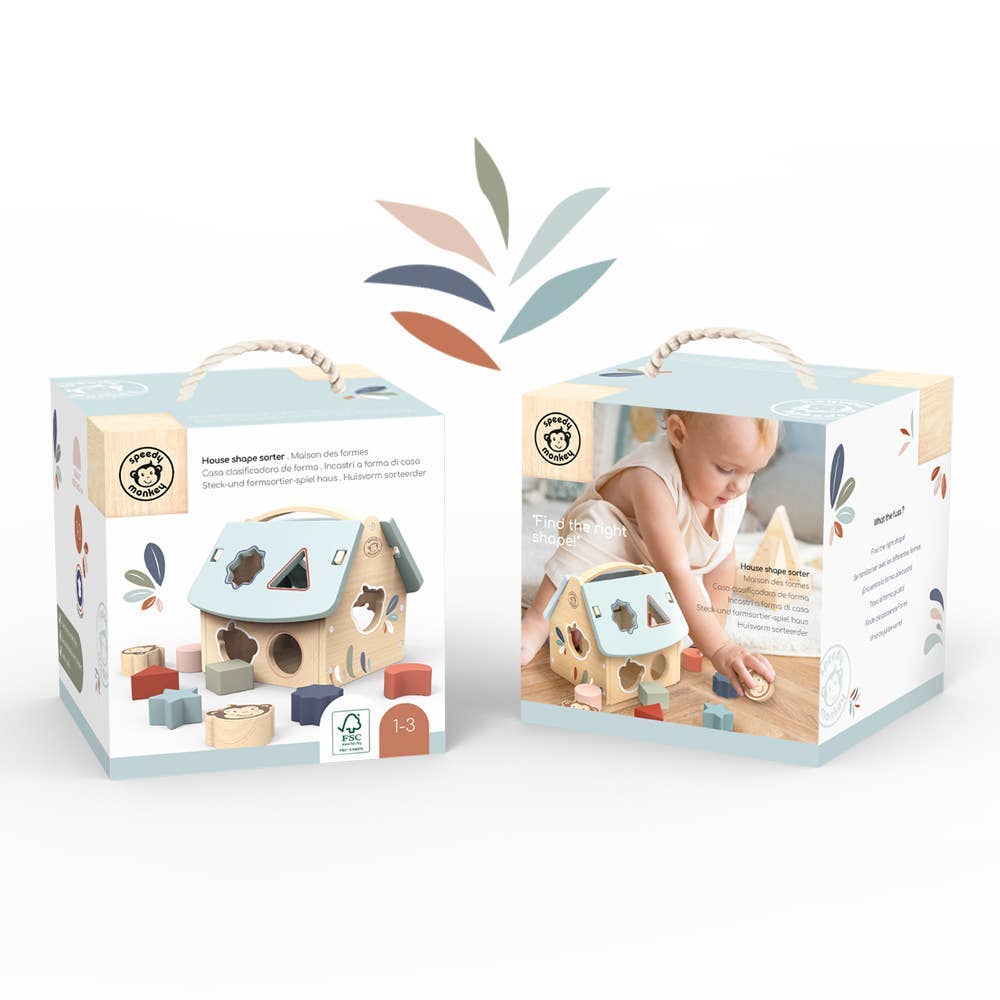 Wooden shape sorter toy packaging with a child playing with the toy on a white background