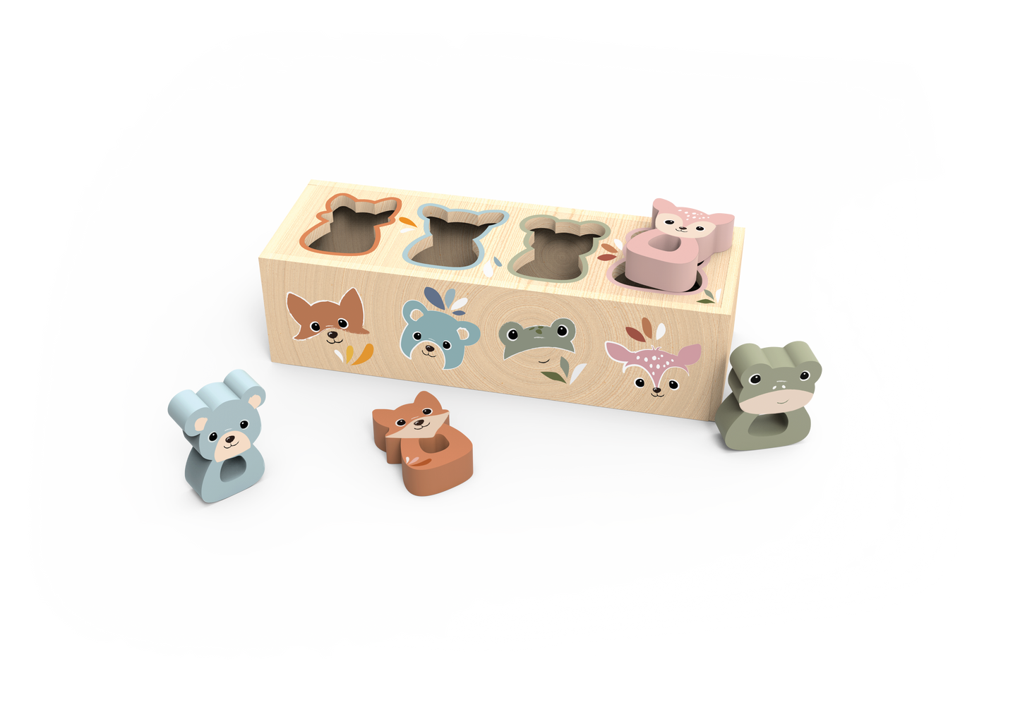 Wooden animal shape sorting toy with various animal figures on a white background