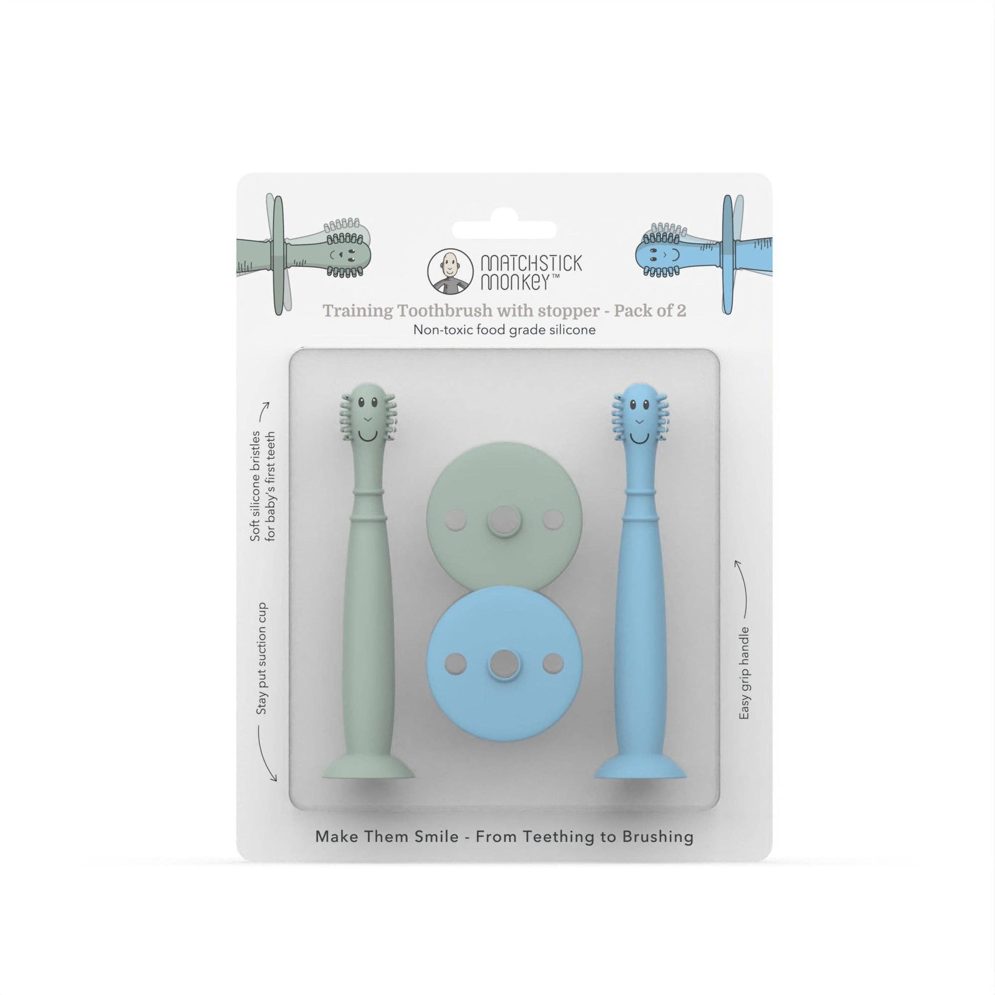 Packaging of Matchstick Monkey training toothbrushes with stoppers in green and blue on a white background.