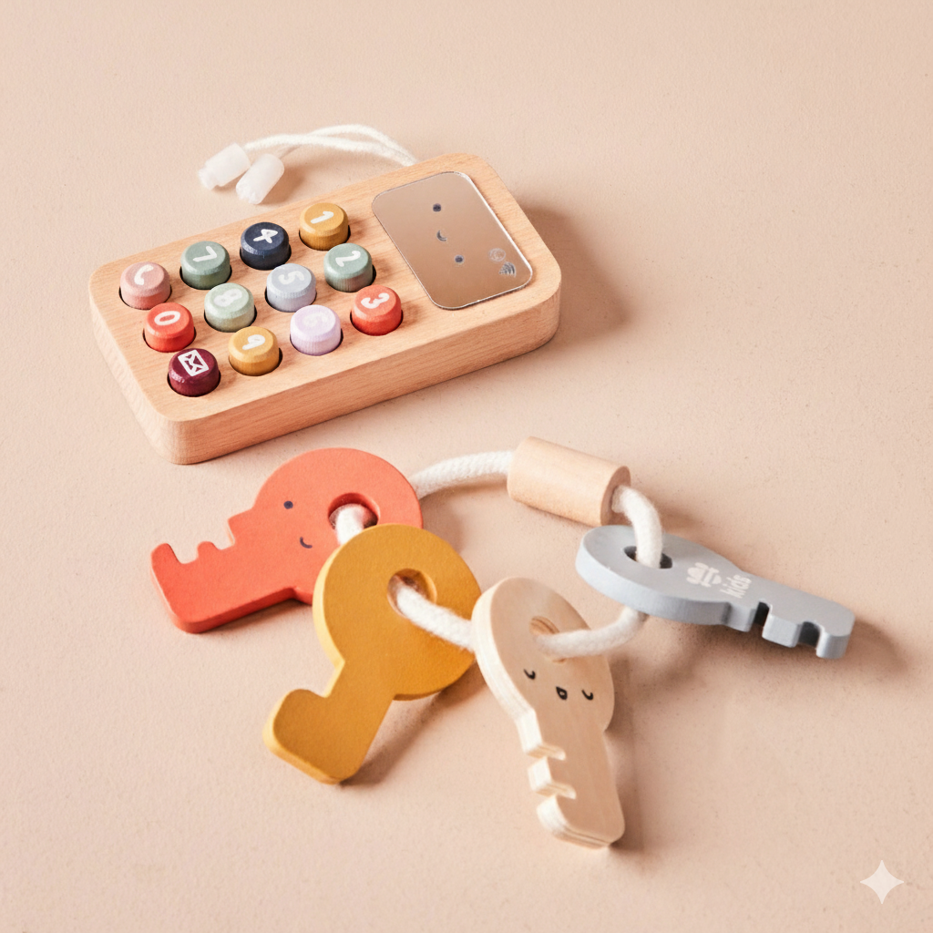 Wooden educational toy with colorful buttons and a baby rattle on a beige background
