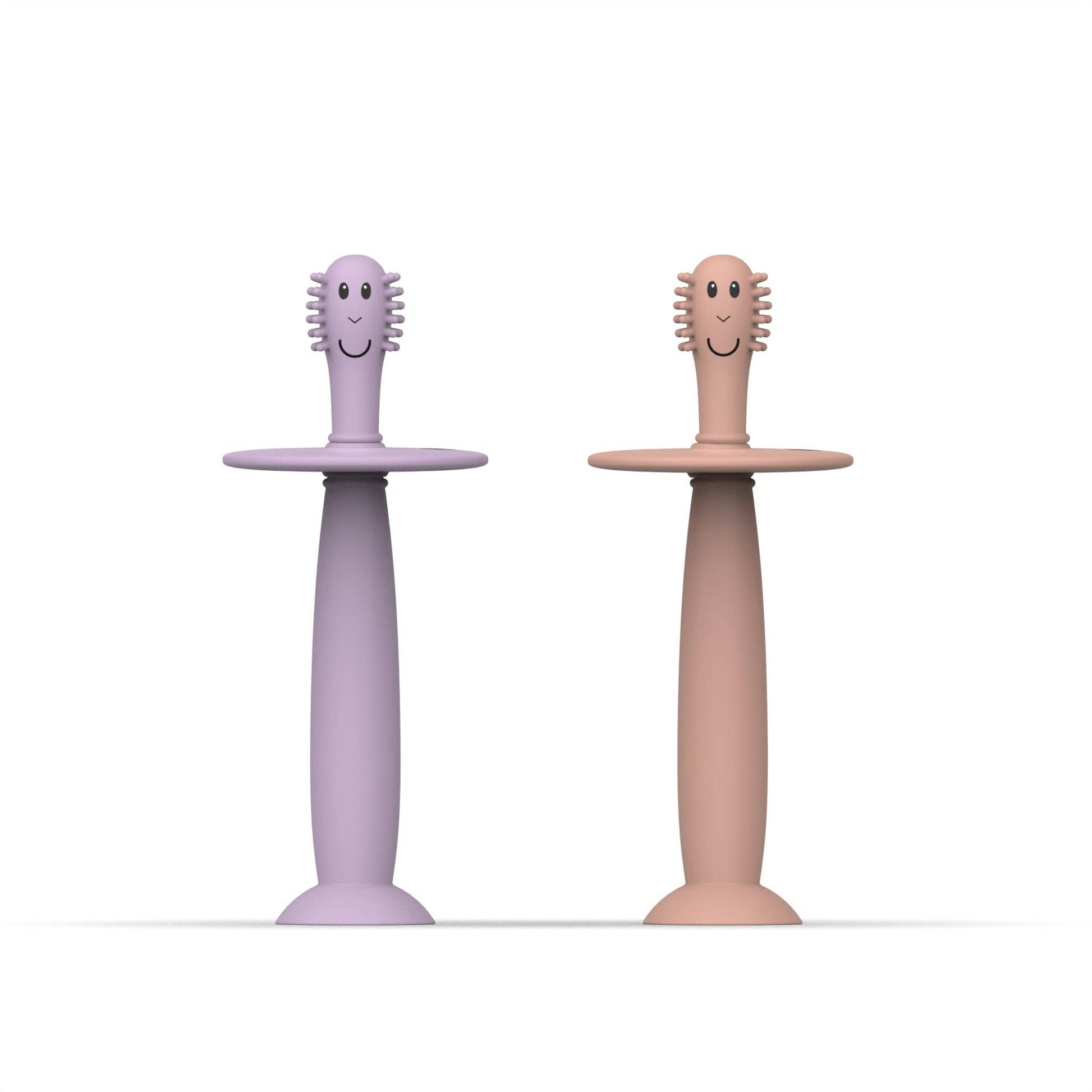 Two children's toothbrushes with smiling heads on a white background