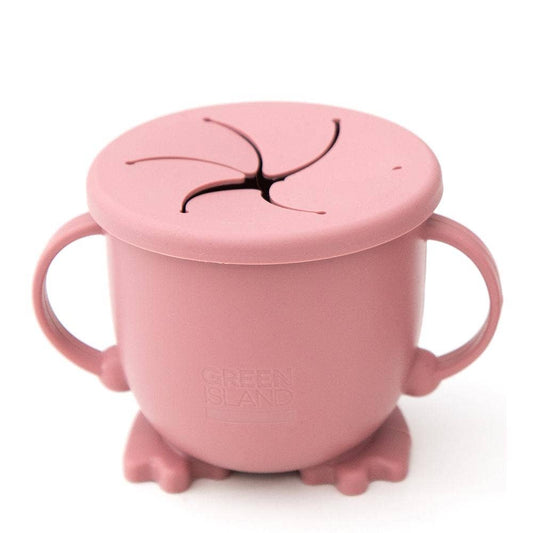 Pink children's cup with handle and lid on a white background
