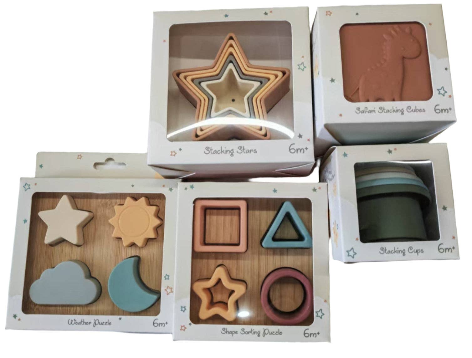 Set of wooden shape sorting toys in packaging on a white background