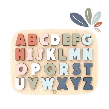Wooden alphabet puzzle with colourful letters on a white background