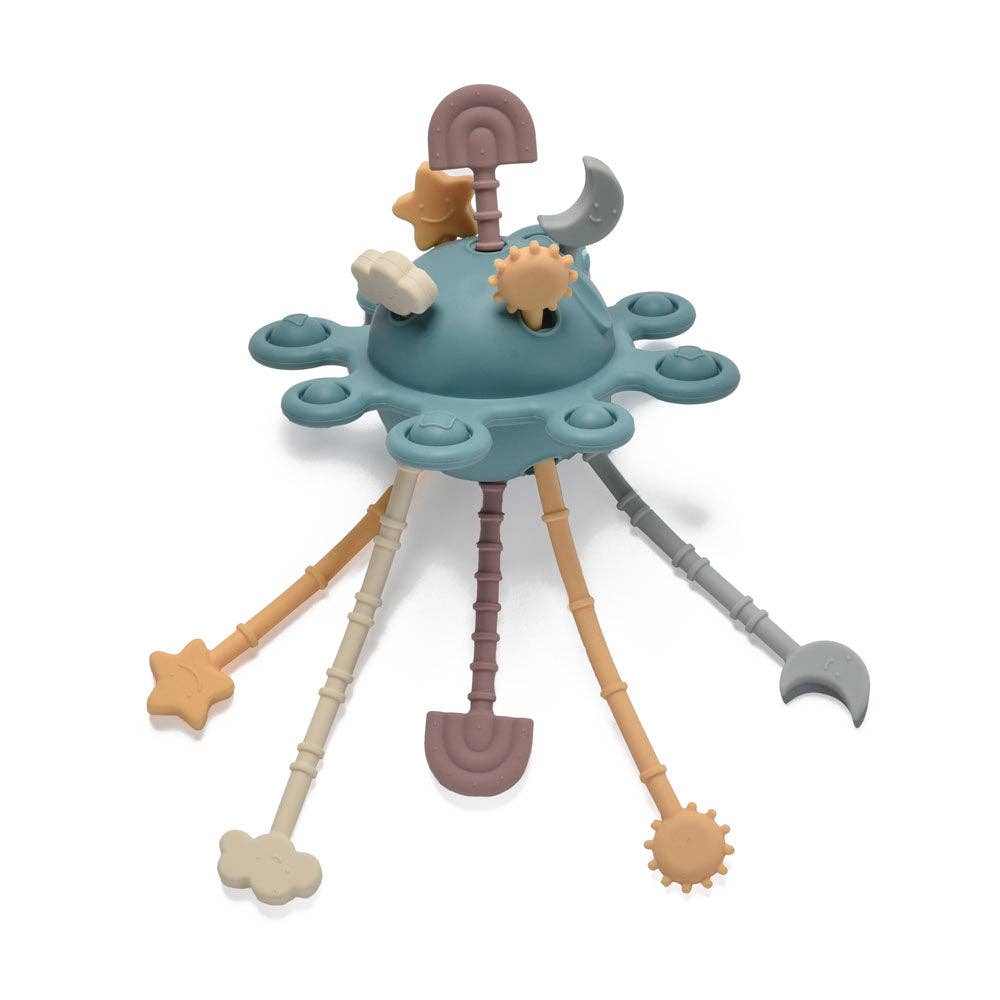 Colourful baby teething toy with multiple attachments on a white background