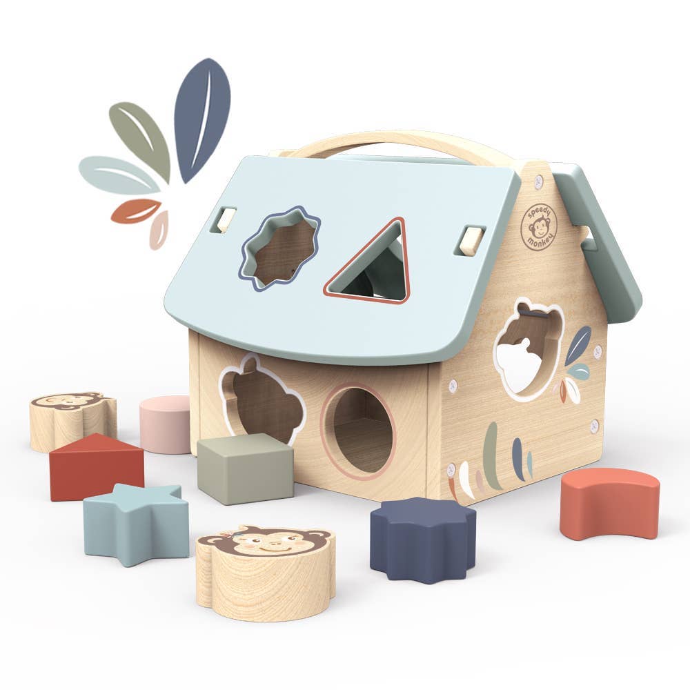 Wooden shape sorting toy with animal figures and colourful blocks on a white background