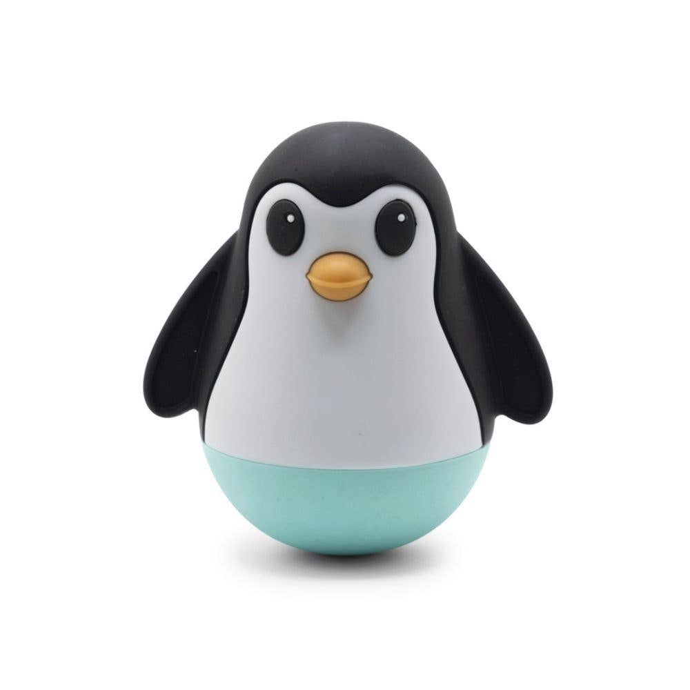 Penguin-shaped toy with a turquoise bottom on a white background