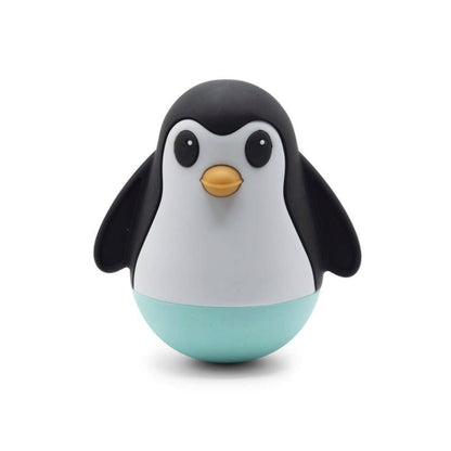 Penguin-shaped toy with a turquoise bottom on a white background