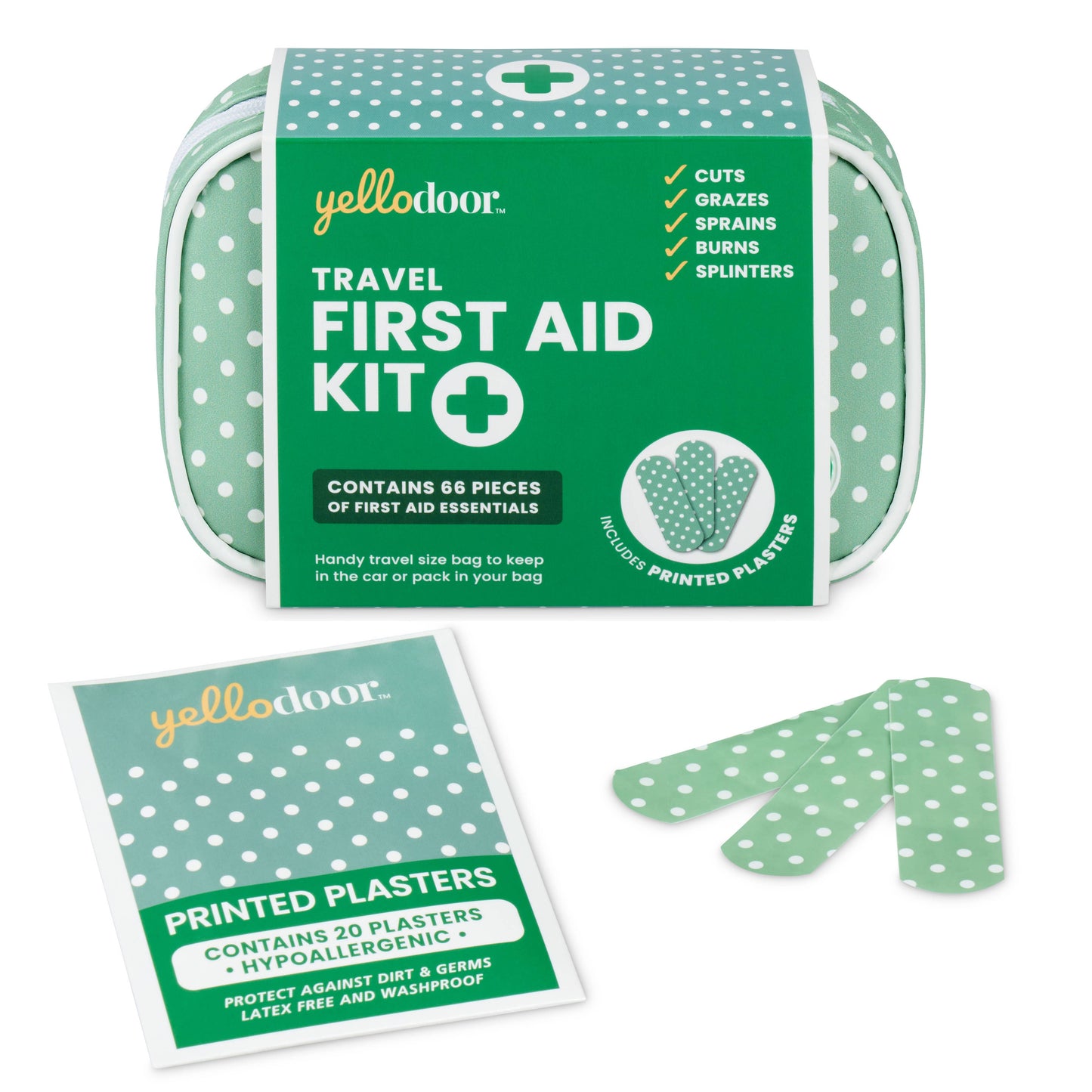 Yello Door travel first aid kit with printed plasters on a white background