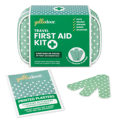 Yello Door travel first aid kit with printed plasters on a white background