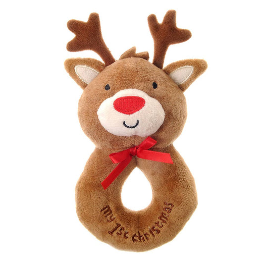 Plush reindeer toy with a red bow and 'My 1st Christmas' text on a white background