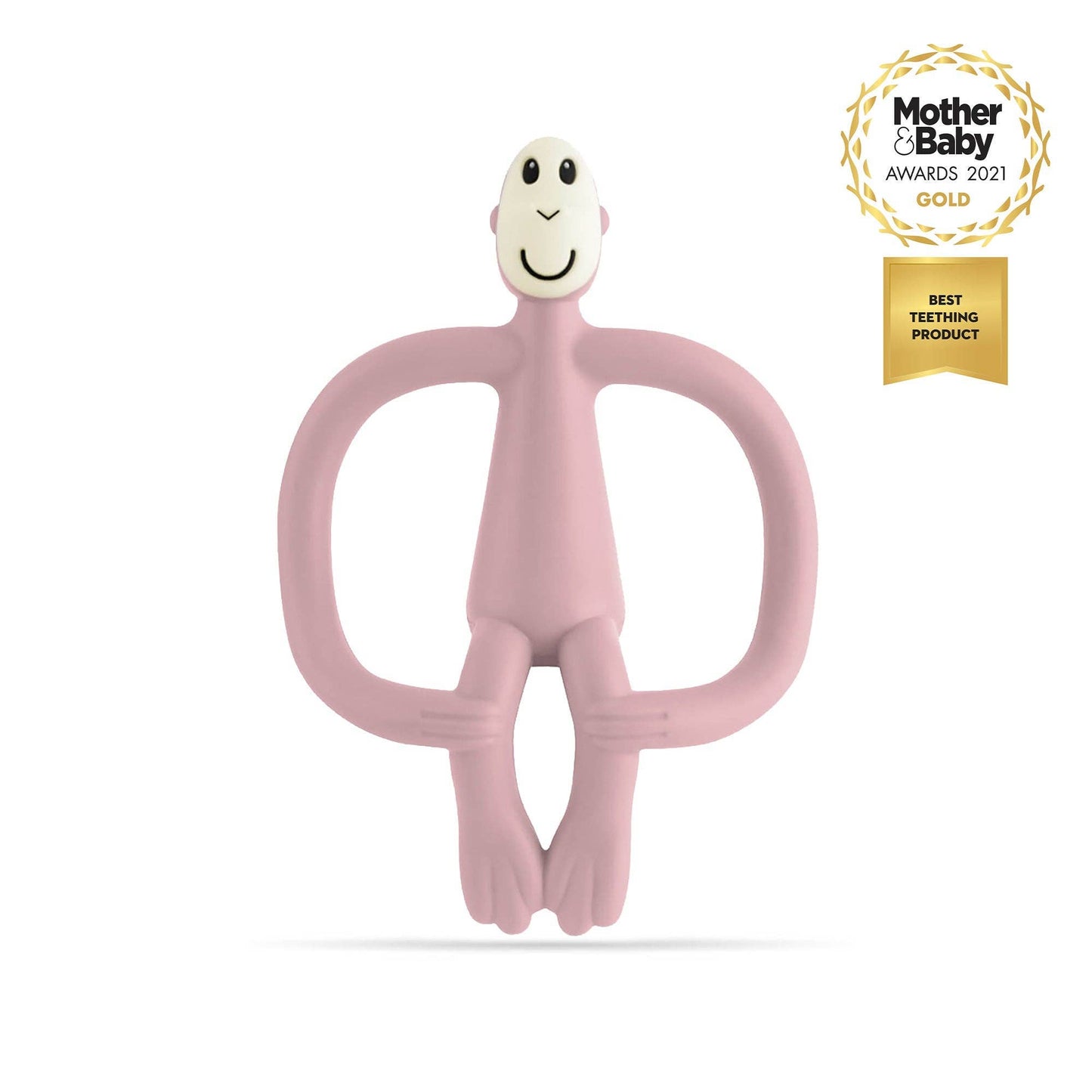 Pink monkey-shaped teething toy with a smiley face on a white background, featuring an award badge.