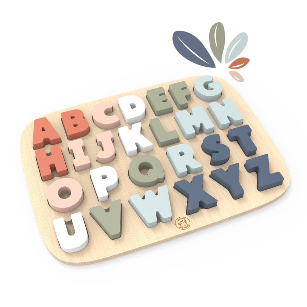 Wooden alphabet puzzle with colourful letters on a white background