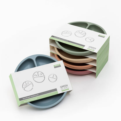 Set of divided plates with packaging on a white background