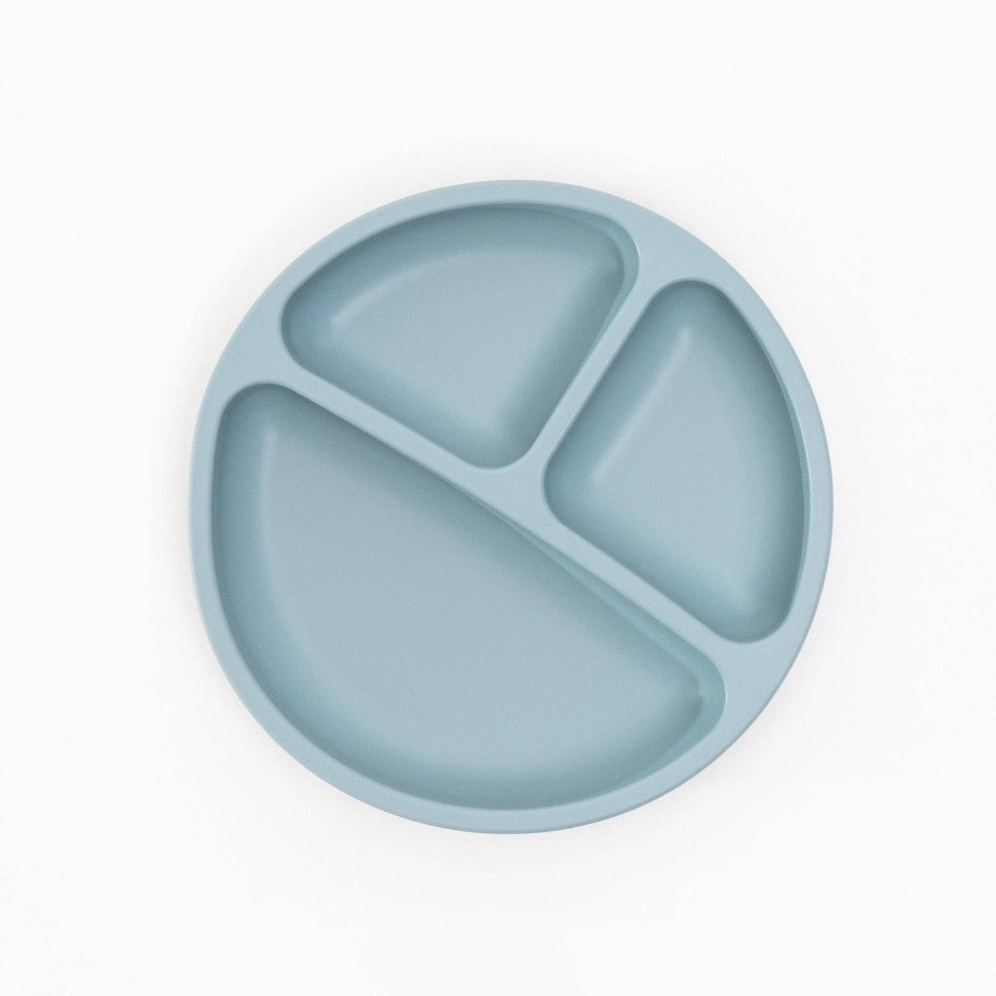 Blue silicone plate with three sections on a white background
