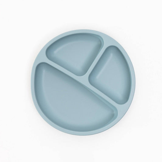 Blue silicone plate with three sections on a white background