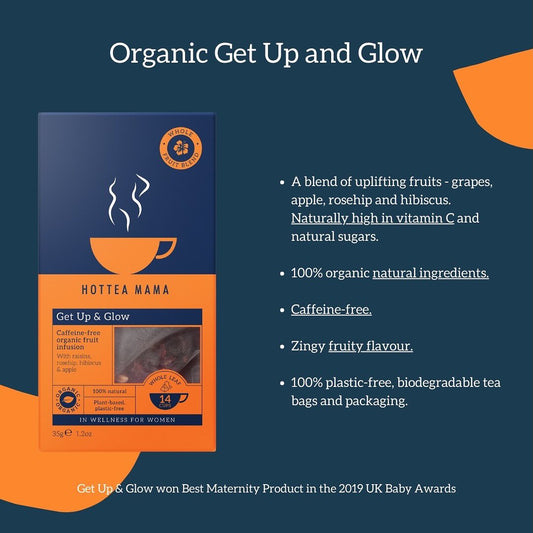 HOTTEA MAMA 'Get Up & Glow' tea packaging with product details on a blue background